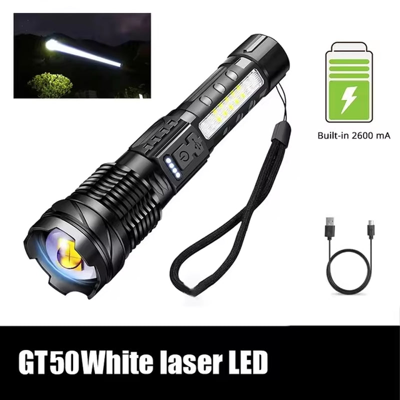 Powerful XHP50 LED Flashlight Waterproof 18650 Torch with Side Light 7 Modes Camping Fishing Lantern USB Rechargeable Zoom Lamp