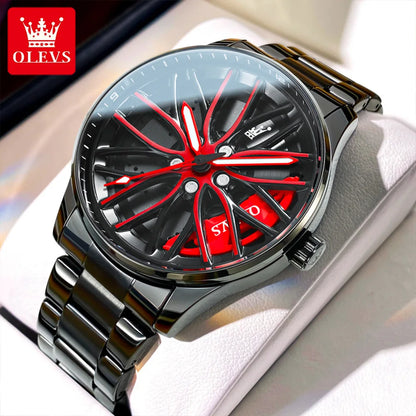 Quartz Watch for Men 360 ° Rotary Designed Stainless Steel Strap Sport Car Rim Wheel Hub Skeleton Waterproof Wristwatch