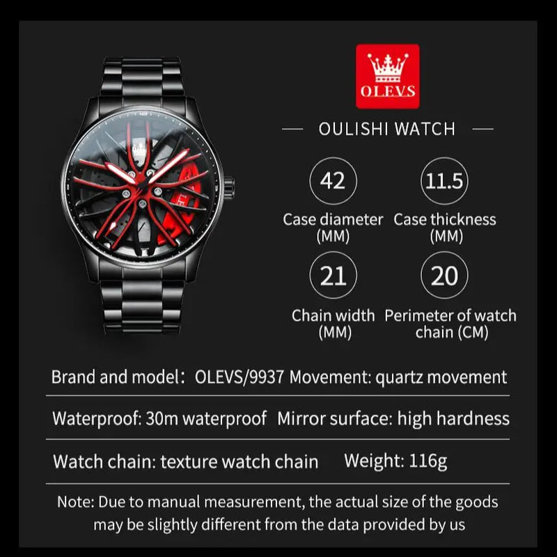 Quartz Watch for Men 360 ° Rotary Designed Stainless Steel Strap Sport Car Rim Wheel Hub Skeleton Waterproof Wristwatch