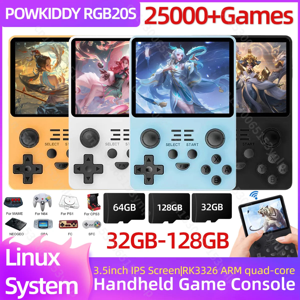 POWKIDDY RGB20S Handheld Game Console 3.5Inch IPS Screen RK3326 Open Source System Retro Game Player with 25000+Games Kids Gifts