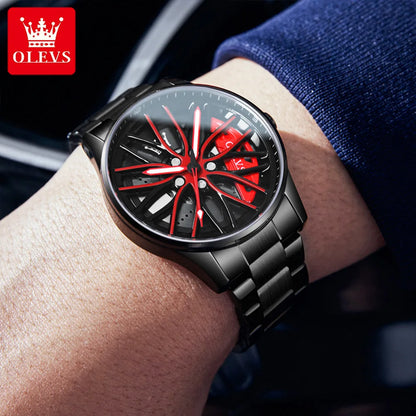 Quartz Watch for Men 360 ° Rotary Designed Stainless Steel Strap Sport Car Rim Wheel Hub Skeleton Waterproof Wristwatch