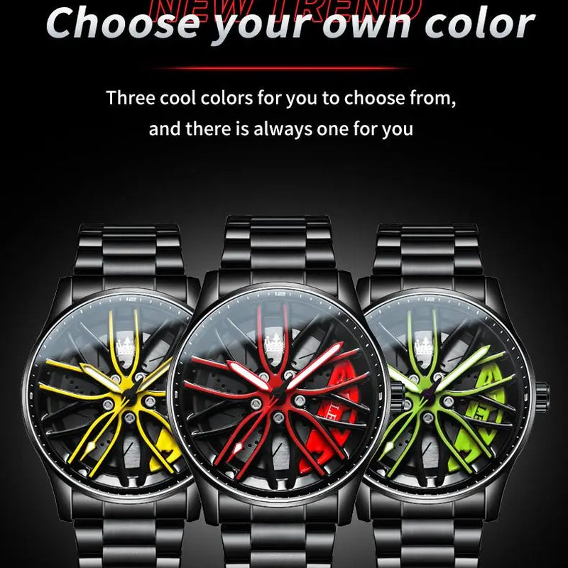 Quartz Watch for Men 360 ° Rotary Designed Stainless Steel Strap Sport Car Rim Wheel Hub Skeleton Waterproof Wristwatch